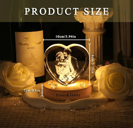 Coração de Cristal 3D Personalizado com Foto e Luz LED – Presente Romântico para Casal