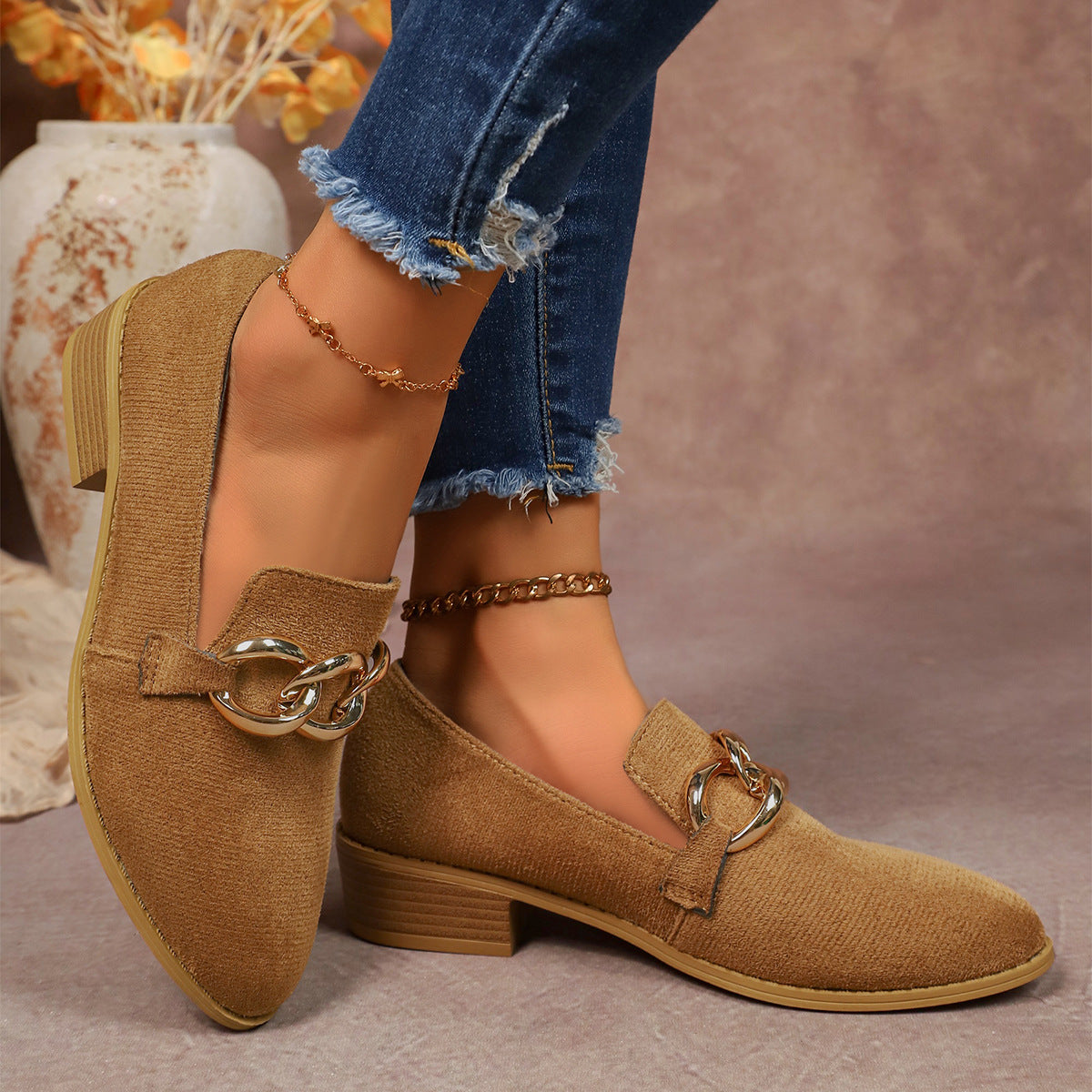 Women’s Leopard Chunky Heel Loafers with Gold Chain – Slip-On Pointed Toe Pumps