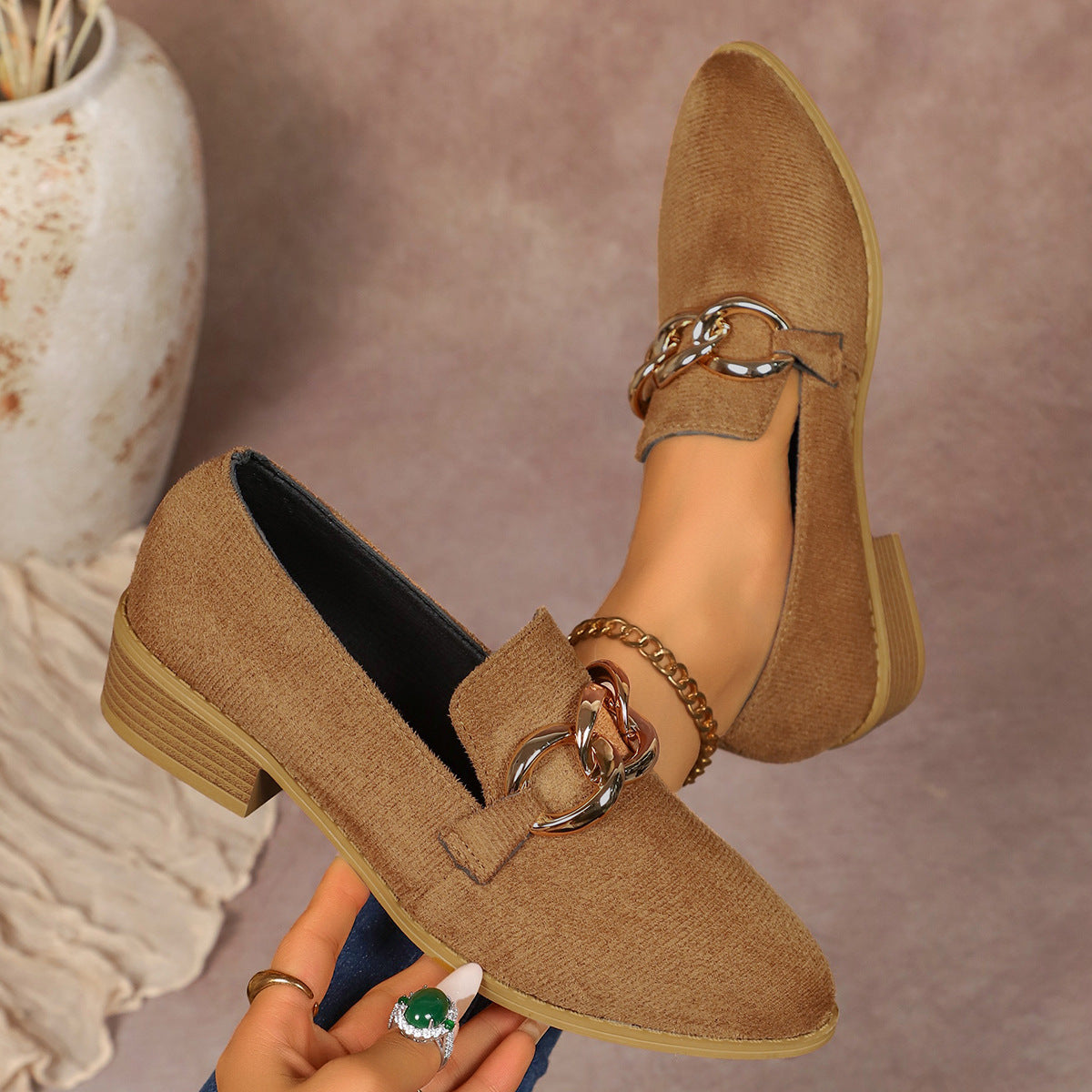 Women’s Leopard Chunky Heel Loafers with Gold Chain – Slip-On Pointed Toe Pumps