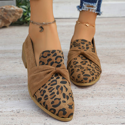 Women’s Leopard Chunky Heel Loafers with Gold Chain – Slip-On Pointed Toe Pumps