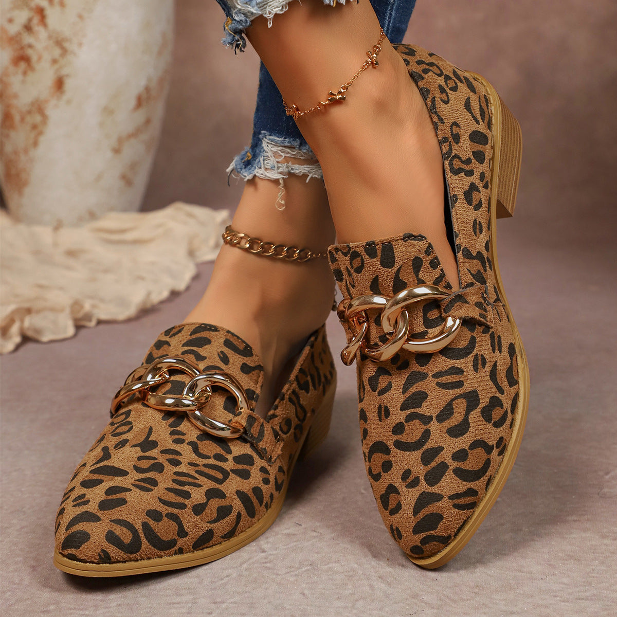 Women’s Leopard Chunky Heel Loafers with Gold Chain – Slip-On Pointed Toe Pumps