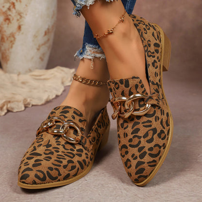 Women’s Leopard Chunky Heel Loafers with Gold Chain – Slip-On Pointed Toe Pumps