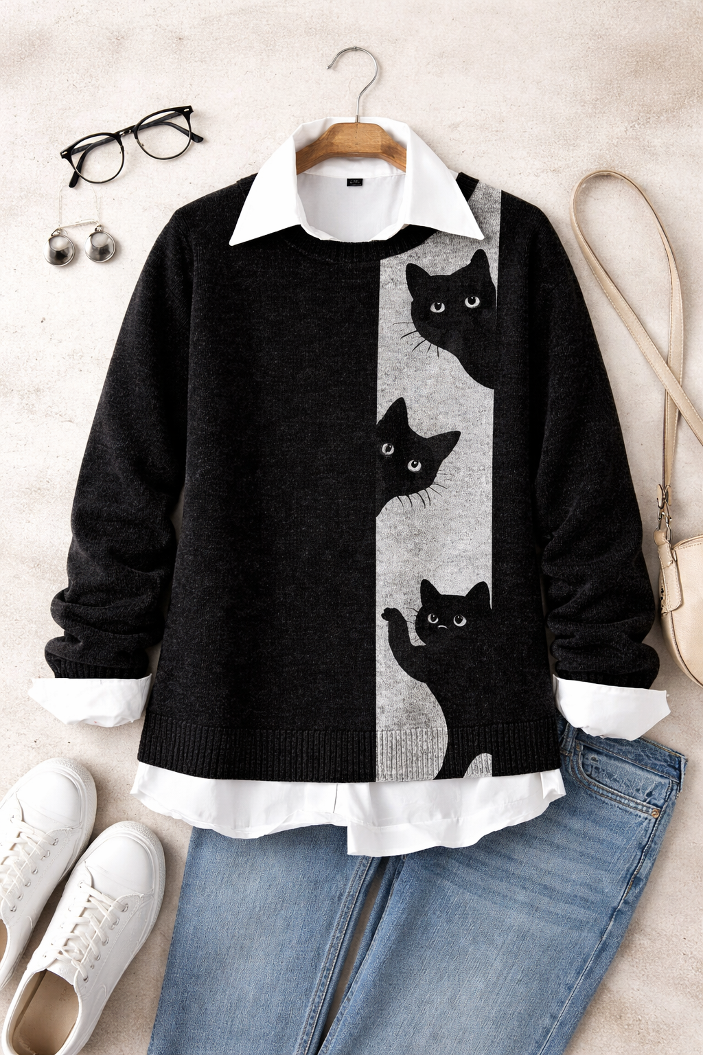 Suéter Feminino Preto 3D Gato em Fleece Polar | Estilo Casual Japandi