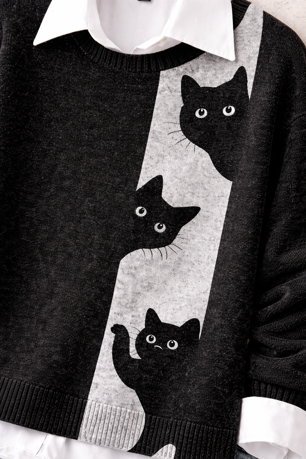 Suéter Feminino Preto 3D Gato em Fleece Polar | Estilo Casual Japandi