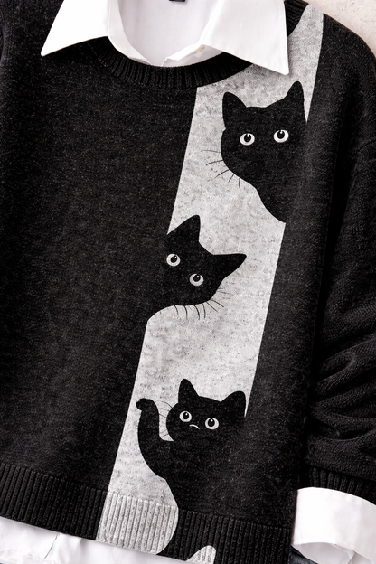 Suéter Feminino Preto 3D Gato em Fleece Polar | Estilo Casual Japandi