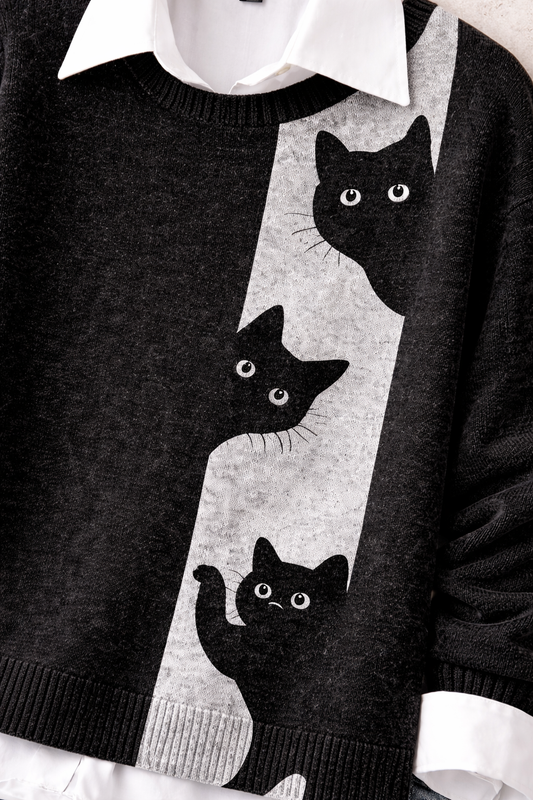 Suéter Feminino Preto 3D Gato em Fleece Polar | Estilo Casual Japandi