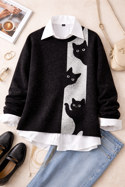 Suéter Feminino Preto 3D Gato em Fleece Polar | Estilo Casual Japandi