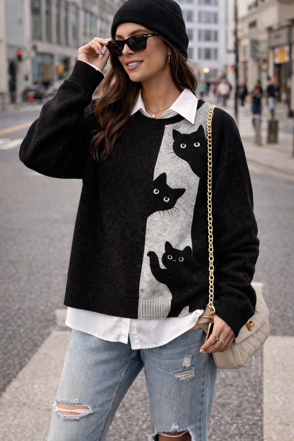 Suéter Feminino Preto 3D Gato em Fleece Polar | Estilo Casual Japandi