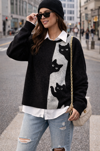 Suéter Feminino Preto 3D Gato em Fleece Polar | Estilo Casual Japandi