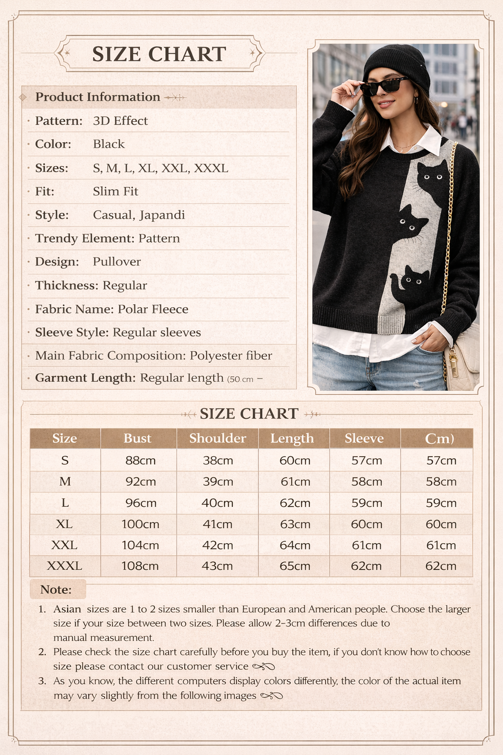 Suéter Feminino Preto 3D Gato em Fleece Polar | Estilo Casual Japandi