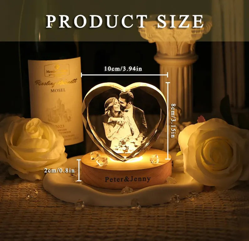 Coração de Cristal 3D Personalizado com Foto e Luz LED – Presente Romântico para Casal