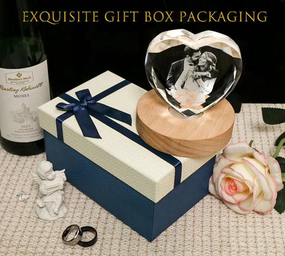 Coração de Cristal 3D Personalizado com Foto e Luz LED – Presente Romântico para Casal