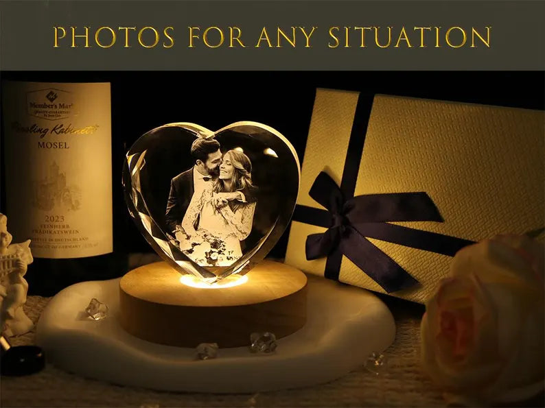 Coração de Cristal 3D Personalizado com Foto e Luz LED – Presente Romântico para Casal