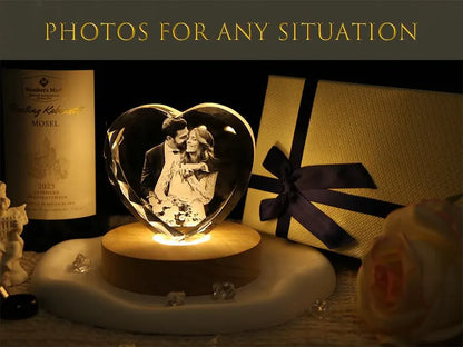 Coração de Cristal 3D Personalizado com Foto e Luz LED – Presente Romântico para Casal