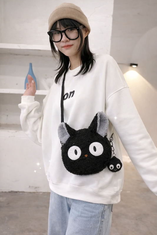 Cute Black Cat Plush Crossbody Bag | Soft Fuzzy Shoulder Bag with Charm