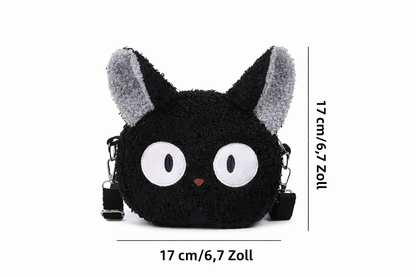 Cute Black Cat Plush Crossbody Bag | Soft Fuzzy Shoulder Bag with Charm