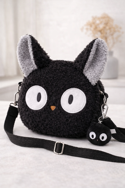 Cute Black Cat Plush Crossbody Bag | Soft Fuzzy Shoulder Bag with Charm