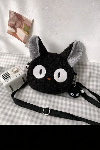 Cute Black Cat Plush Crossbody Bag | Soft Fuzzy Shoulder Bag with Charm